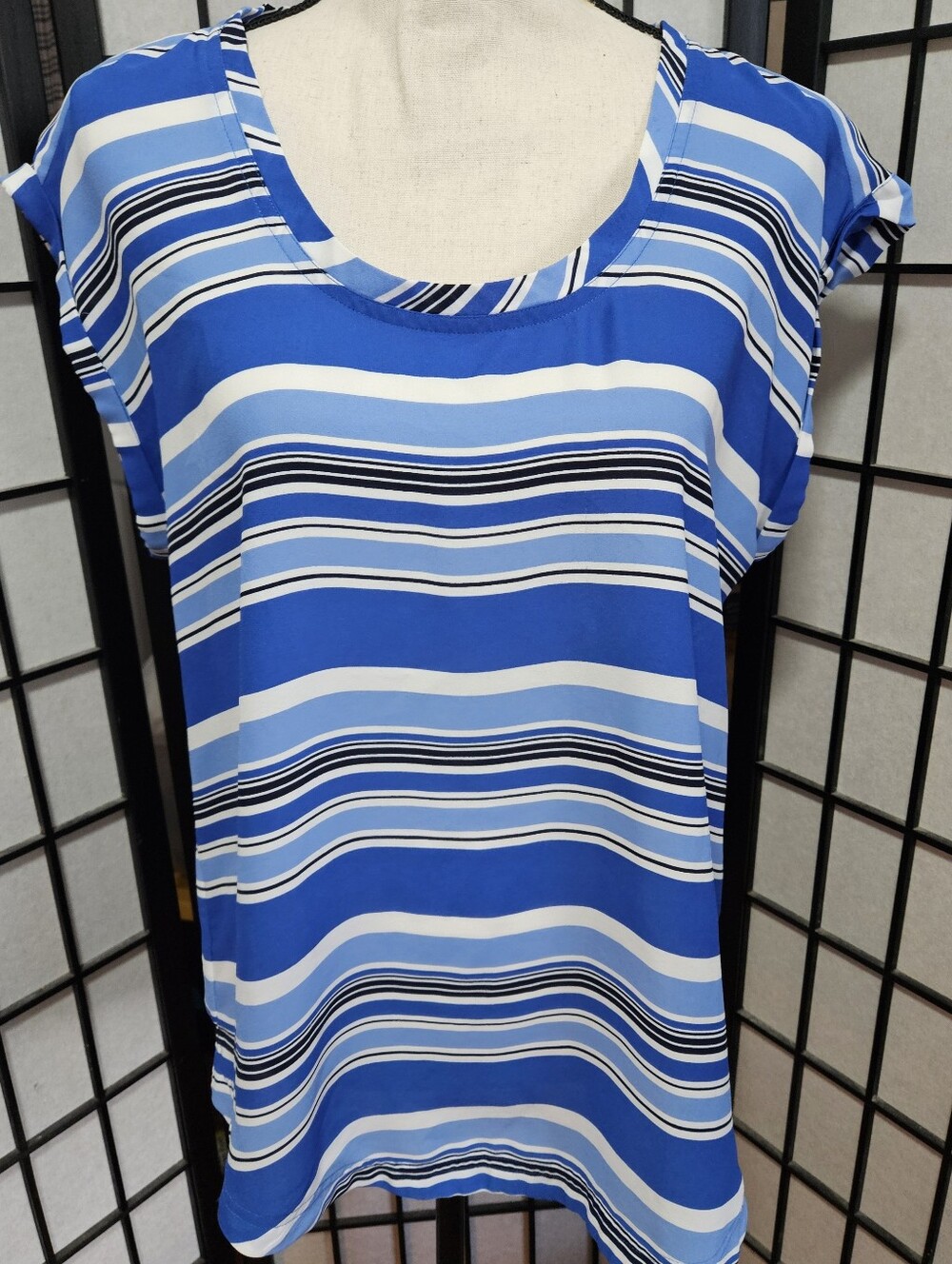 Chaps Large Veregated Vibrant Blue Striped Cap Sleeve Blouse